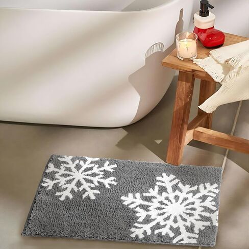 Luxury Black White Snowflake Winter Christmas Bathroom Mat, 17"x25" Extra Soft and Absorbent Microfiber Bath Rug, Non-Slip TPR Back, Plush Shaggy Bath Carpet for Floor in Saudi Arabia