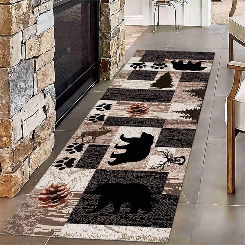 Rustic Lodge Runner Rug,2x7ft,Western Country Bear Elk Deer Wildlife Log Design,Forest Landscape Hunting Theme Rug,with Non Slip Backing Washable Rugs, Non Slip Pet Friendly Rug for Hallway in Saudi Arabia