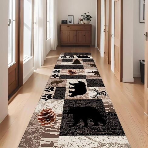 Rustic Lodge Runner Rug,2x7ft,Western Country Bear Elk Deer Wildlife Log Design,Forest Landscape Hunting Theme Rug,with Non Slip Backing Washable Rugs, Non Slip Pet Friendly Rug for Hallway in Saudi Arabia