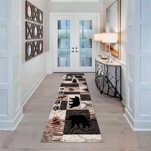 Rustic Lodge Runner Rug,2x7ft,Western Country Bear Elk Deer Wildlife Log Design,Forest Landscape Hunting Theme Rug,with Non Slip Backing Washable Rugs, Non Slip Pet Friendly Rug for Hallway in Saudi Arabia
