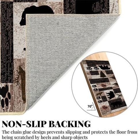 Rustic Lodge Runner Rug,2x7ft,Western Country Bear Elk Deer Wildlife Log Design,Forest Landscape Hunting Theme Rug,with Non Slip Backing Washable Rugs, Non Slip Pet Friendly Rug for Hallway in Saudi Arabia