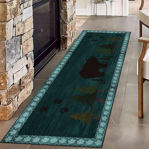 Rustic Lodge Runner Rug,2x7ft,Western Country Bear Elk Deer Wildlife Log Design,Forest Landscape Hunting Theme Rug,with Non Slip Backing Washable Rugs, Non Slip Pet Friendly Rug for Hallway in Saudi Arabia
