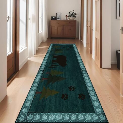 Rustic Lodge Runner Rug,2x7ft,Western Country Bear Elk Deer Wildlife Log Design,Forest Landscape Hunting Theme Rug,with Non Slip Backing Washable Rugs, Non Slip Pet Friendly Rug for Hallway in Saudi Arabia