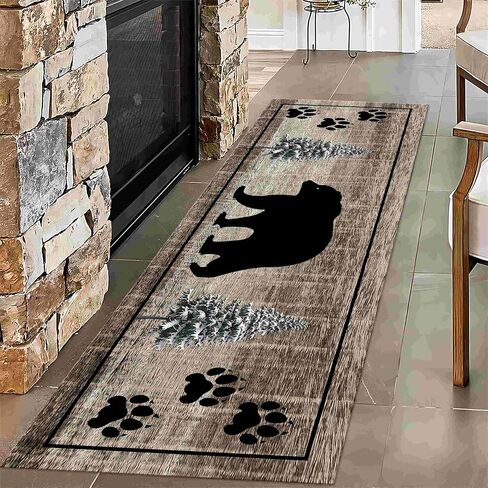 Rustic Lodge Runner Rug,2x7ft,Western Country Bear Elk Deer Wildlife Log Design,Forest Landscape Hunting Theme Rug,with Non Slip Backing Washable Rugs, Non Slip Pet Friendly Rug for Hallway in Saudi Arabia
