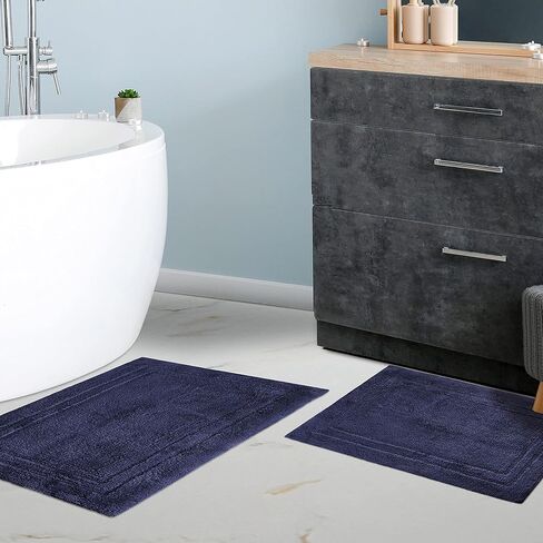 طقم سجادة حمام متفوقة غير قابلة للانزلاق مكونة من قطعتين، قطيفة للغاية وناعمة وذات قدرة على الامتصاص مصنوعة من القطن الممشط بنسبة 100% - مجموعة سجادة حمام بيضاوية تقليدية، أزرق فاتح in Kuwait