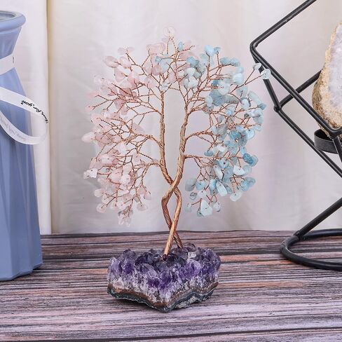 Healing Double Trunks Crystal Tree with Natural Amethyst Base, Feng Shui Money Bonsai with Positive Energy Wedding Home Decor for Wealth and Luck, Fluorite & Citrine in Kuwait