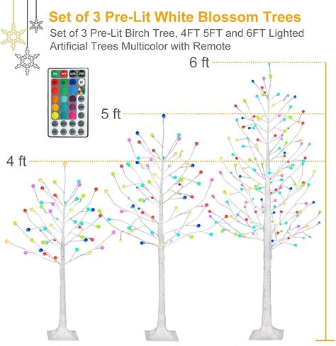 مجموعة من 3 أشجار بتولا مضاءة مسبقًا، وأشجار صناعية مضاءة بطول 4 أقدام و5 أقدام و6 أقدام متعددة الألوان مع جهاز تحكم عن بعد للزينة in Kuwait