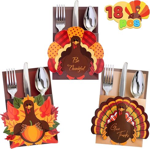 JOYIN 18PCS Thanksgiving Cutlery Holders Set, Thanksgiving Turkey Utensil Décor, Autumn Fall Harvest Party Supplies, ThankYou Cards,Table Decoration, Thanksgiving Party Favors,Thanksgiving Decorations in Saudi Arabia