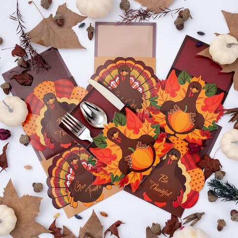 JOYIN 18PCS Thanksgiving Cutlery Holders Set, Thanksgiving Turkey Utensil Décor, Autumn Fall Harvest Party Supplies, ThankYou Cards,Table Decoration, Thanksgiving Party Favors,Thanksgiving Decorations in Saudi Arabia