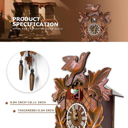 Brown Handcrafted Cuckoo Wall Clock with Silent Movement, with Pendulum and Chiming Function, Classic Vintage Wooden Design, 18.11 x 9.84 x 3.94 inches in Saudi Arabia