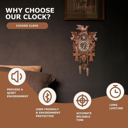 Brown Handcrafted Cuckoo Wall Clock with Silent Movement, with Pendulum and Chiming Function, Classic Vintage Wooden Design, 18.11 x 9.84 x 3.94 inches in Saudi Arabia