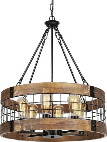 Farmhouse Rustic Chandelier Light Fixture, 4-Light Round Hanging Pendant Lighting for Dining Room Entryway Kitchen Island Foyer Breakfast Area, Black Wood and Black Metal Finish in Kuwait