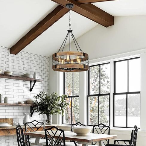 Farmhouse Rustic Chandelier Light Fixture, 4-Light Round Hanging Pendant Lighting for Dining Room Entryway Kitchen Island Foyer Breakfast Area, Black Wood and Black Metal Finish in Kuwait