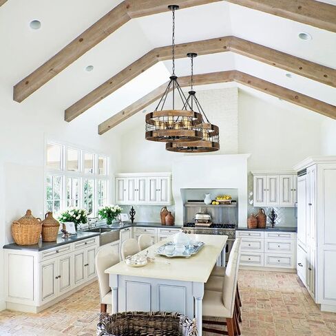 Farmhouse Rustic Chandelier Light Fixture, 4-Light Round Hanging Pendant Lighting for Dining Room Entryway Kitchen Island Foyer Breakfast Area, Black Wood and Black Metal Finish in Kuwait