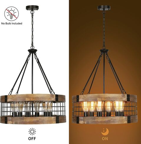 Farmhouse Rustic Chandelier Light Fixture, 4-Light Round Hanging Pendant Lighting for Dining Room Entryway Kitchen Island Foyer Breakfast Area, Black Wood and Black Metal Finish in Kuwait