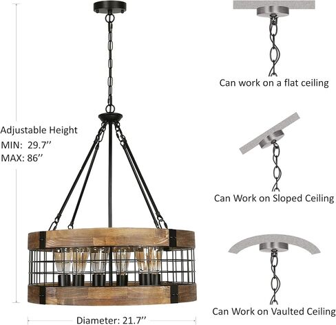 Farmhouse Rustic Chandelier Light Fixture, 4-Light Round Hanging Pendant Lighting for Dining Room Entryway Kitchen Island Foyer Breakfast Area, Black Wood and Black Metal Finish in Kuwait