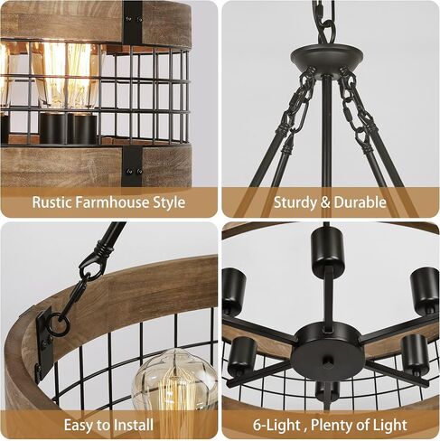 Farmhouse Rustic Chandelier Light Fixture, 4-Light Round Hanging Pendant Lighting for Dining Room Entryway Kitchen Island Foyer Breakfast Area, Black Wood and Black Metal Finish in Kuwait