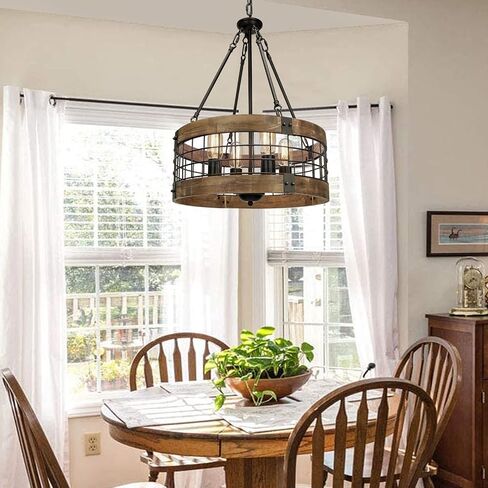 Farmhouse Rustic Chandelier Light Fixture, 4-Light Round Hanging Pendant Lighting for Dining Room Entryway Kitchen Island Foyer Breakfast Area, Black Wood and Black Metal Finish in Kuwait