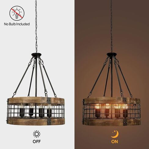 Farmhouse Rustic Chandelier Light Fixture, 4-Light Round Hanging Pendant Lighting for Dining Room Entryway Kitchen Island Foyer Breakfast Area, Black Wood and Black Metal Finish in Kuwait