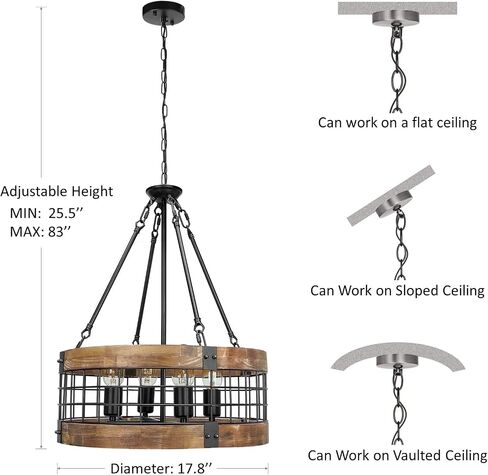 Farmhouse Rustic Chandelier Light Fixture, 4-Light Round Hanging Pendant Lighting for Dining Room Entryway Kitchen Island Foyer Breakfast Area, Black Wood and Black Metal Finish in Kuwait
