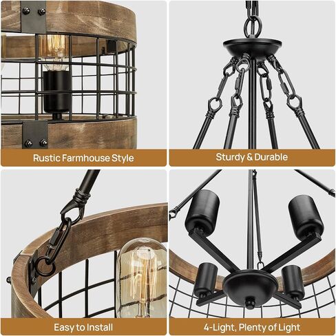 Farmhouse Rustic Chandelier Light Fixture, 4-Light Round Hanging Pendant Lighting for Dining Room Entryway Kitchen Island Foyer Breakfast Area, Black Wood and Black Metal Finish in Kuwait