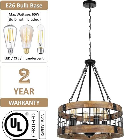 Farmhouse Rustic Chandelier Light Fixture, 4-Light Round Hanging Pendant Lighting for Dining Room Entryway Kitchen Island Foyer Breakfast Area, Black Wood and Black Metal Finish in Kuwait