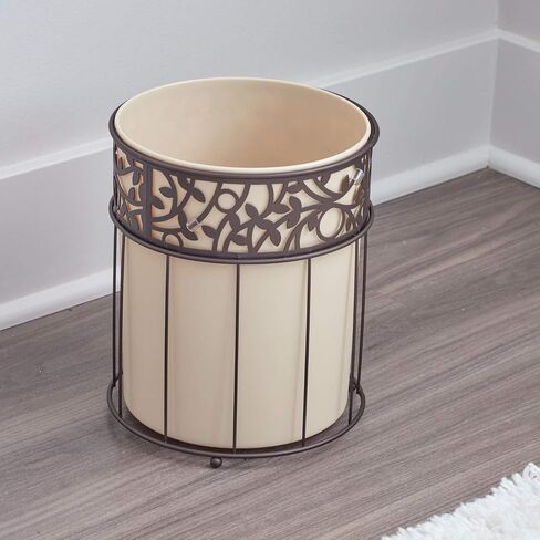 iDesign Vine Metal and Plastic Wastebasket Trash Can Garbage Can for Bathroom, Bedroom, Home Office, Kitchen, Patio, Dorm, College, Vanilla Tan and Bronze in Kuwait
