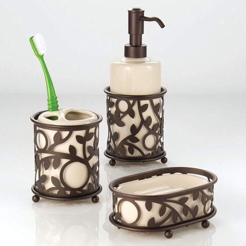 iDesign Vine Metal and Plastic Wastebasket Trash Can Garbage Can for Bathroom, Bedroom, Home Office, Kitchen, Patio, Dorm, College, Vanilla Tan and Bronze in Kuwait