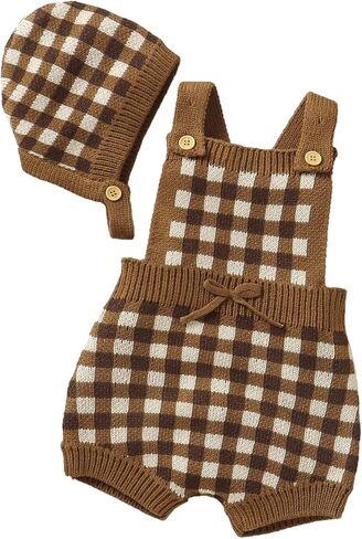 Baby Romper Newborn Baby Plaid Bodysuit Sleeveless Knitted Outfit for Boy and Girls with Warm Hat Set in Saudi Arabia