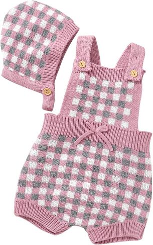 Baby Romper Newborn Baby Plaid Bodysuit Sleeveless Knitted Outfit for Boy and Girls with Warm Hat Set in Saudi Arabia