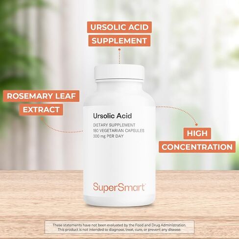 Supersmart - Ursolic Acid 300mg per Day (25% Purity) - Muscle Mass & Strength - Skin Health Support - UA Supplement - Rosemary Leaf Extract | Non-GMO & Gluten Free - 90 Vegetarian Capsules in Saudi Arabia