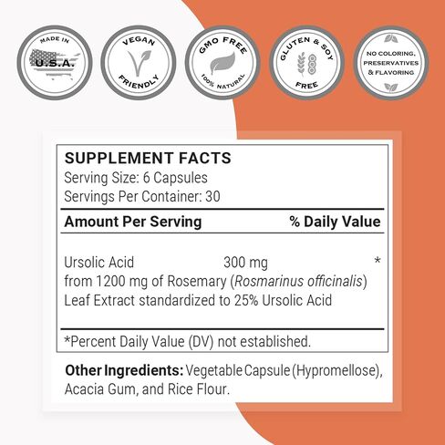 Supersmart - Ursolic Acid 300mg per Day (25% Purity) - Muscle Mass & Strength - Skin Health Support - UA Supplement - Rosemary Leaf Extract | Non-GMO & Gluten Free - 90 Vegetarian Capsules in Saudi Arabia