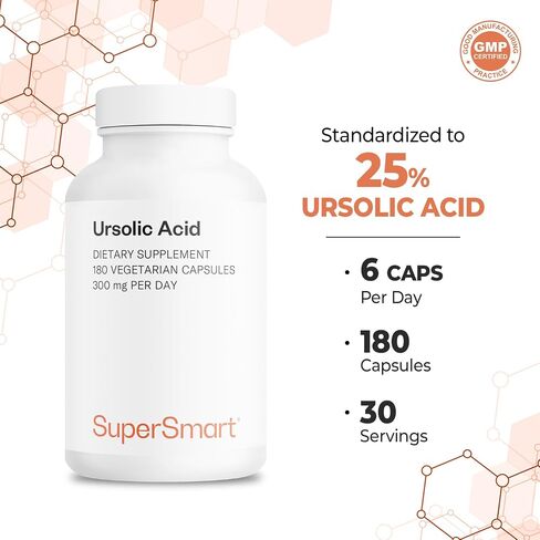 Supersmart - Ursolic Acid 300mg per Day (25% Purity) - Muscle Mass & Strength - Skin Health Support - UA Supplement - Rosemary Leaf Extract | Non-GMO & Gluten Free - 90 Vegetarian Capsules in Saudi Arabia