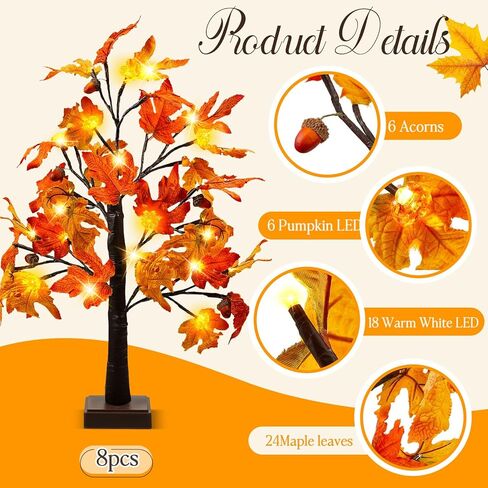 vihose 8 حزمة 24 بوصة شجرة الشكر الزينة prelit سقوط شجرة القيقب مضاءة مع 192 المصابيح، أضواء اليقطين الجوزة بطارية تعمل بالطاقة الموقت شجرة الخريف الاصطناعية لخريف عيد الشكر ديكور المنزل in Kuwait