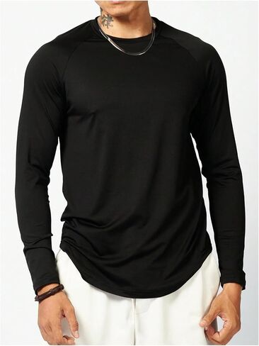 Men's Raglan Long Sleeve Athletic Shirt Round Neck Curved Hem Workout Sports Active Tops in Saudi Arabia