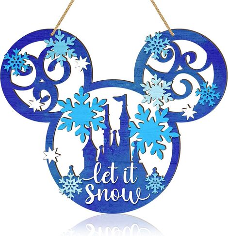 Let It Snow Christmas Door Sign Decorations, Mouse Wooden Snowflakes Door Hanging Sign Ornaments for Front Door Winter Wall Christmas Party Xmas Holiday Supplies Home Decor Blue in Kuwait