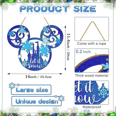 Let It Snow Christmas Door Sign Decorations, Mouse Wooden Snowflakes Door Hanging Sign Ornaments for Front Door Winter Wall Christmas Party Xmas Holiday Supplies Home Decor Blue in Kuwait