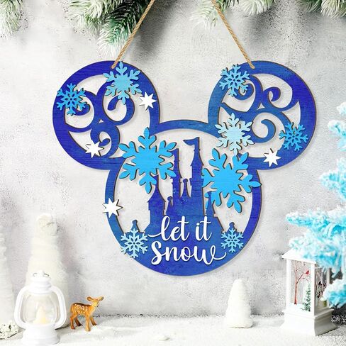 Let It Snow Christmas Door Sign Decorations, Mouse Wooden Snowflakes Door Hanging Sign Ornaments for Front Door Winter Wall Christmas Party Xmas Holiday Supplies Home Decor Blue in Kuwait