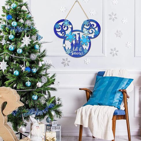 Let It Snow Christmas Door Sign Decorations, Mouse Wooden Snowflakes Door Hanging Sign Ornaments for Front Door Winter Wall Christmas Party Xmas Holiday Supplies Home Decor Blue in Kuwait