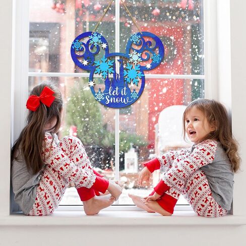 Let It Snow Christmas Door Sign Decorations, Mouse Wooden Snowflakes Door Hanging Sign Ornaments for Front Door Winter Wall Christmas Party Xmas Holiday Supplies Home Decor Blue in Kuwait