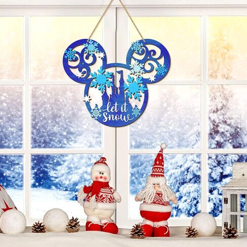 Let It Snow Christmas Door Sign Decorations, Mouse Wooden Snowflakes Door Hanging Sign Ornaments for Front Door Winter Wall Christmas Party Xmas Holiday Supplies Home Decor Blue in Kuwait