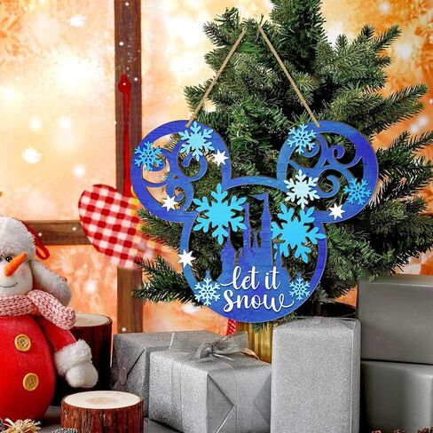 Let It Snow Christmas Door Sign Decorations, Mouse Wooden Snowflakes Door Hanging Sign Ornaments for Front Door Winter Wall Christmas Party Xmas Holiday Supplies Home Decor Blue in Kuwait