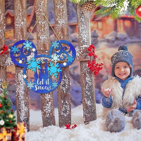 Let It Snow Christmas Door Sign Decorations, Mouse Wooden Snowflakes Door Hanging Sign Ornaments for Front Door Winter Wall Christmas Party Xmas Holiday Supplies Home Decor Blue in Kuwait