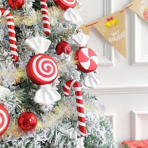 Candy Christmas Tree Hanging Ornament Kit, 12Pcs Red and White Pastel Candy Cane Lollipop Plastic Pendant for Xmas Candyland Winter Wonderland Party Christmas Tree Decorations in Saudi Arabia