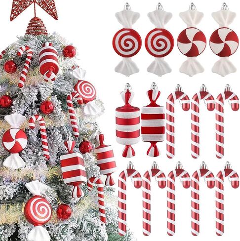 Candy Christmas Tree Hanging Ornament Kit, 12Pcs Red and White Pastel Candy Cane Lollipop Plastic Pendant for Xmas Candyland Winter Wonderland Party Christmas Tree Decorations in Saudi Arabia