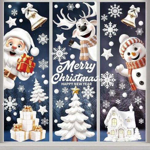 Christmas Window Stickers Window Clings Christmas Snowman Snowflake Stickers Snow House Decals Christmas Decorations Elk for Window Glass Decoration, 9sheets in Saudi Arabia