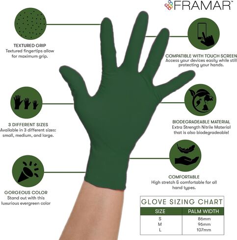 قفازات FRAMAR Green خالية من اللاتكس للاستخدام مرة واحدة - قفازات النتريل شديدة التحمل متوسطة الحجم، قفازات يمكن التخلص منها، قفازات النتريل المتوسطة، قفازات الوشم، Guantes Desechables، قفازات الطبخ القابل للتصرف، قابلة للتحلل 100 in Saudi Arabia