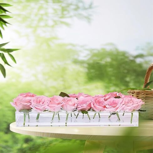 Wymexen Clear Acrylic Flower Vases with a Rectangular Centerpiece, totaling 16inches（16 Holes） Modern vases are Ideal for Home and Wedding Decorations-Perfect for Long Table Flowers in Saudi Arabia