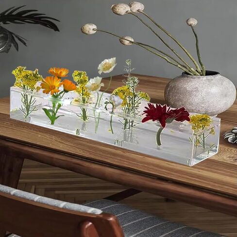 Wymexen Clear Acrylic Flower Vases with a Rectangular Centerpiece, totaling 16inches（16 Holes） Modern vases are Ideal for Home and Wedding Decorations-Perfect for Long Table Flowers in Saudi Arabia
