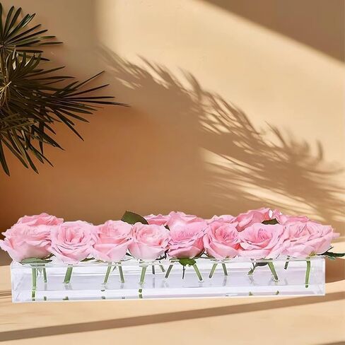Wymexen Clear Acrylic Flower Vases with a Rectangular Centerpiece, totaling 16inches（16 Holes） Modern vases are Ideal for Home and Wedding Decorations-Perfect for Long Table Flowers in Saudi Arabia
